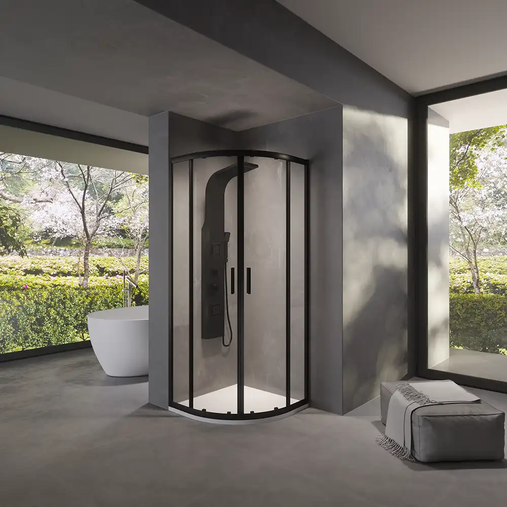 Box doccia 80x80 cm semicircolare doppio scorrevole profili neri vetro trasparente h190 | Java Box doccia 80x80 cm semicircolare doppio scorrevole profili neri vetro trasparente h190 | Java
