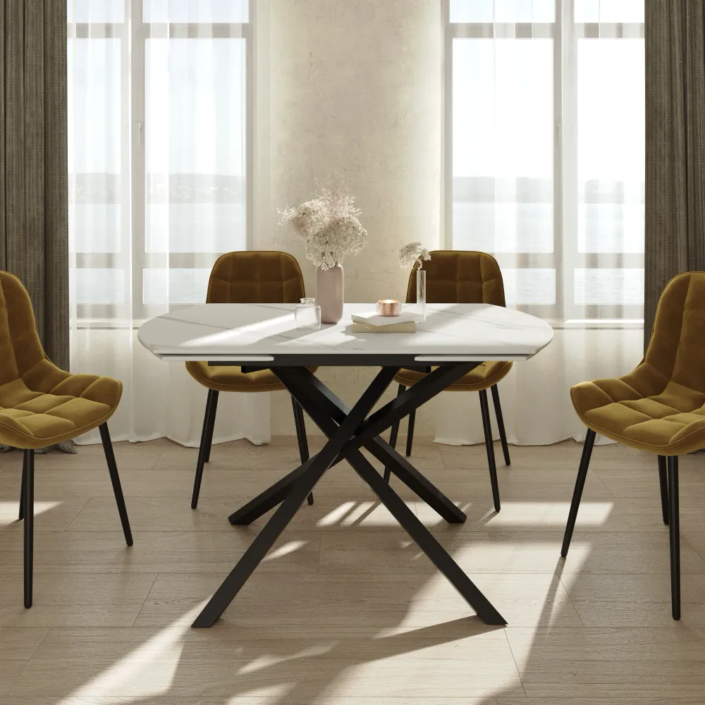 Tavolo girevole 130-190x80cm top in ceramica effetto marmo e gambe incrociate in acciaio nero | Sten