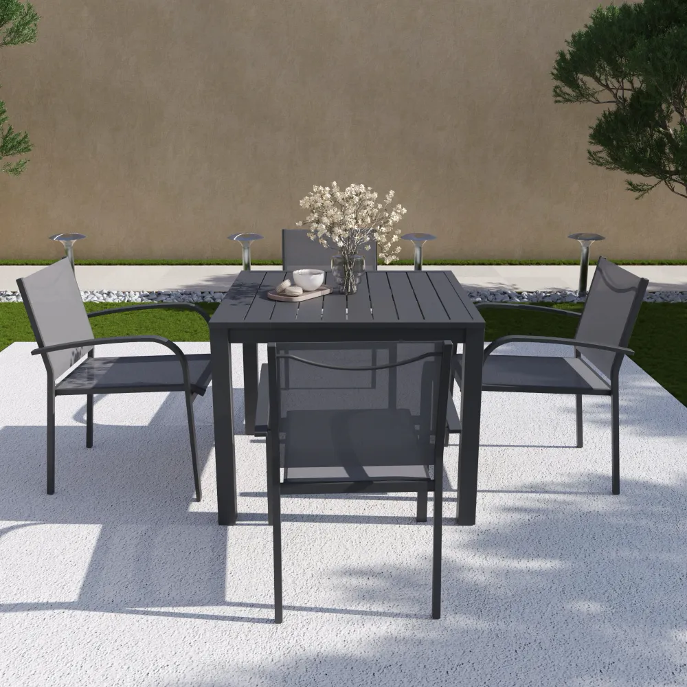 Set da esterno grigio con tavolo 90x90x74 cm e 4 sedie in alluminio con textilene e braccioli tondi | Marel Set da esterno grigio con tavolo 90x90x74 cm e 4 sedie in alluminio con textilene e braccioli tondi | Marel