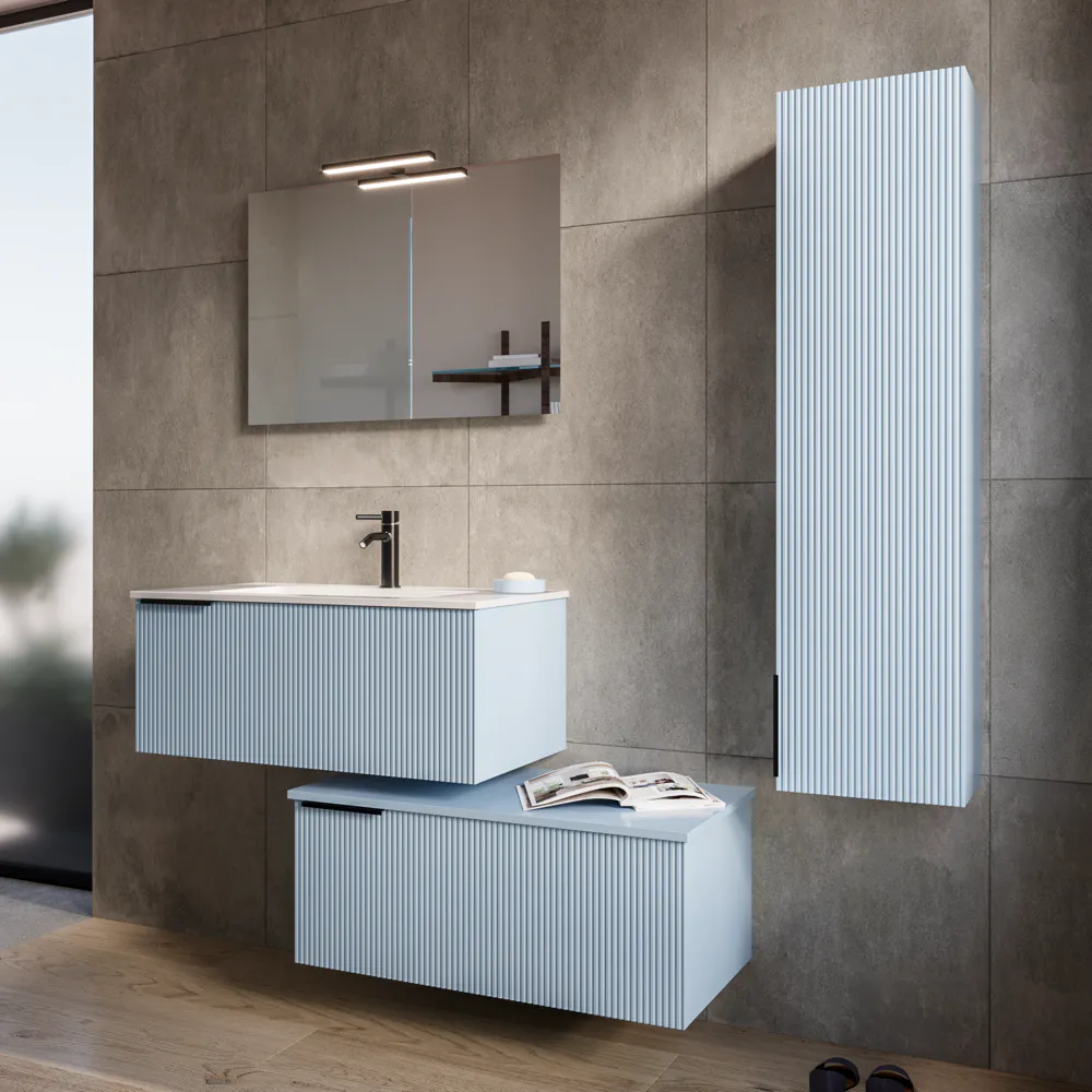 Mobile bagno sospeso modulare cannettato 90 cm azzurro capri due cassetti con lavabo e colonna | Fuji Mobile bagno sospeso modulare cannettato 90 cm azzurro capri due cassetti con lavabo e colonna | Fuji