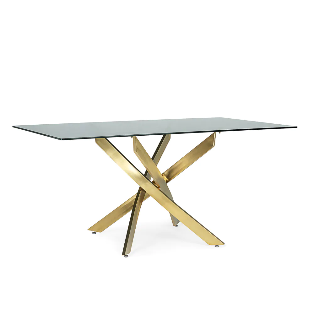 Tavolo rettangolare 160x90cm con top in vetro 8mm fumè e gambe incrociate in acciaio dorato | George Tavolo rettangolare 160x90cm con top in vetro 8mm fumè e gambe incrociate in acciaio dorato | George