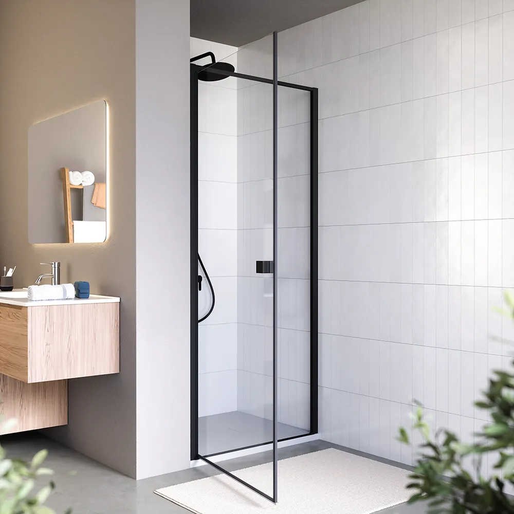 Porta doccia 80cm apertura a battente con profili nero opaco e vetro da 8mm trasparente h195 | Bahamas Porta doccia 80cm apertura a battente con profili nero opaco e vetro da 8mm trasparente h195 | Bahamas