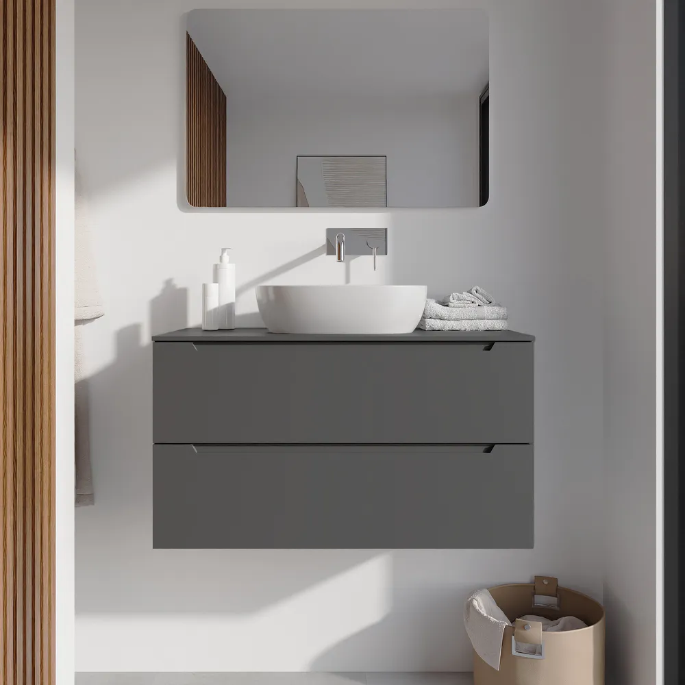Mobile bagno sospeso 90cm grigio opaco due cassetti soft-close con top | Bako