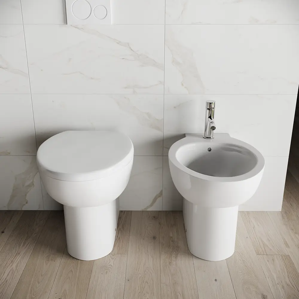 Sanitari filomuro in ceramica bianco lucido: vaso bidet e copriwc soft-close | Doha Sanitari filomuro in ceramica bianco lucido: vaso bidet e copriwc soft-close | Doha