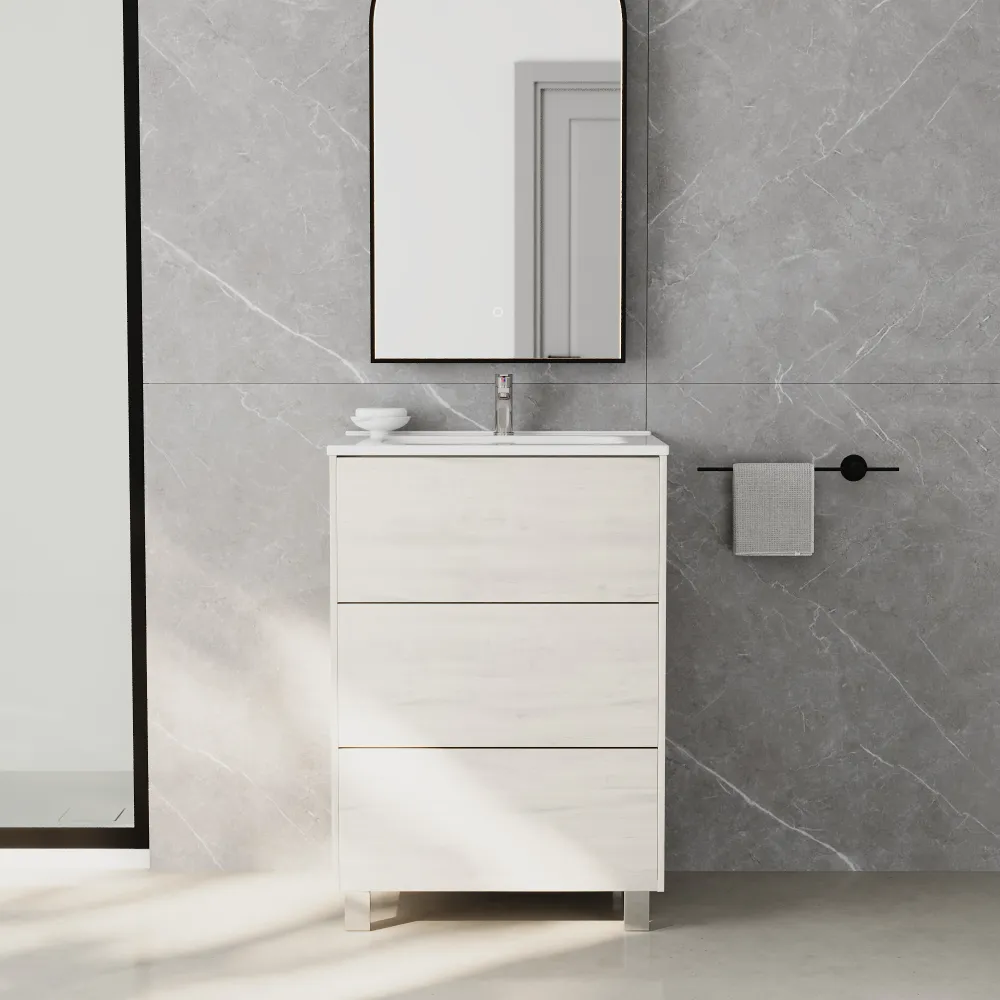 Mobile bagno a terra 70cm tre cassetti push&pull frassino con lavabo bianco lucido | Yaku Mobile bagno a terra 70cm tre cassetti push&pull frassino con lavabo bianco lucido | Yaku