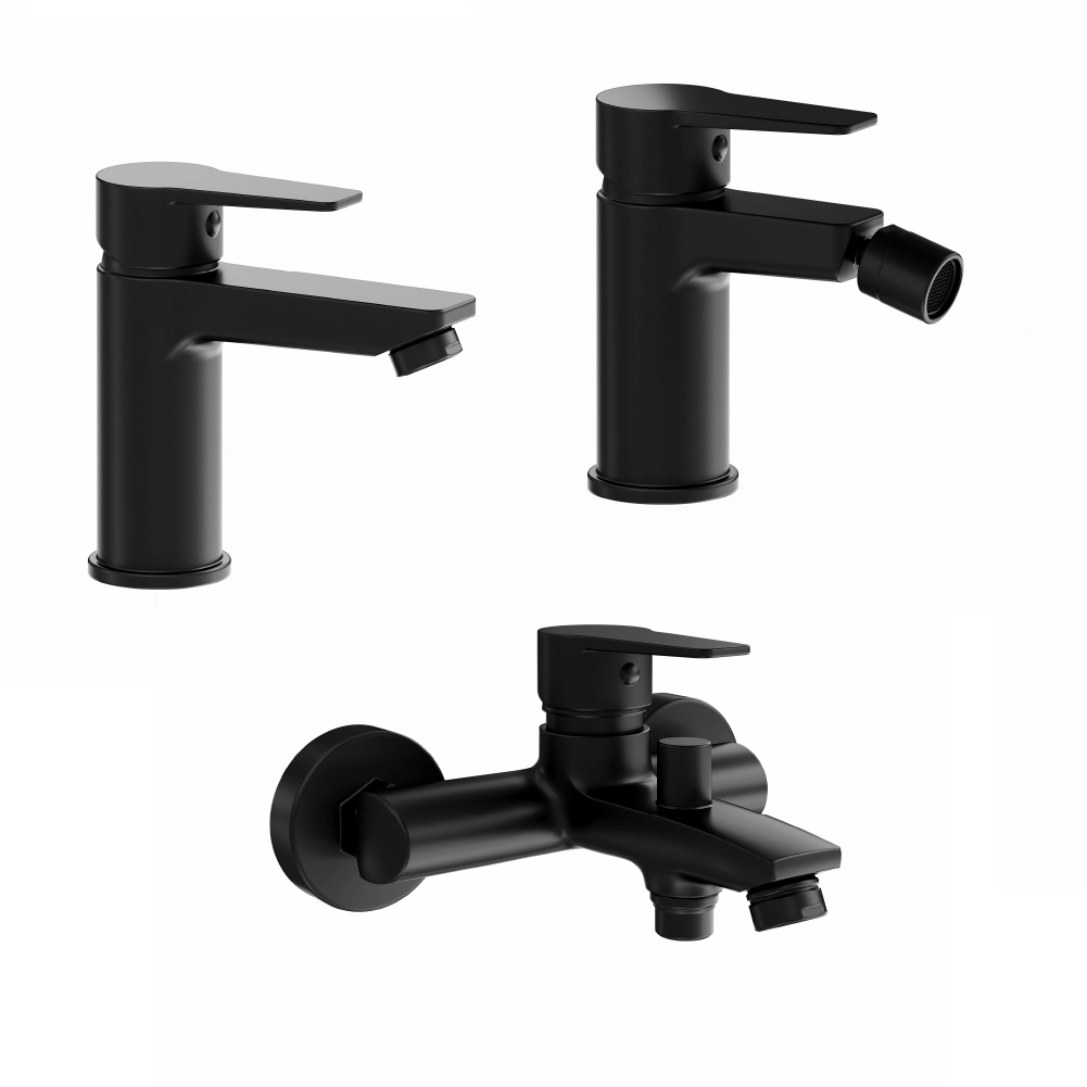 Set miscelatori: lavabo bidet senza scarico ed esterno vasca c/rubinetto nero opaco | Jane Set miscelatori: lavabo bidet senza scarico ed esterno vasca c/rubinetto nero opaco | Jane