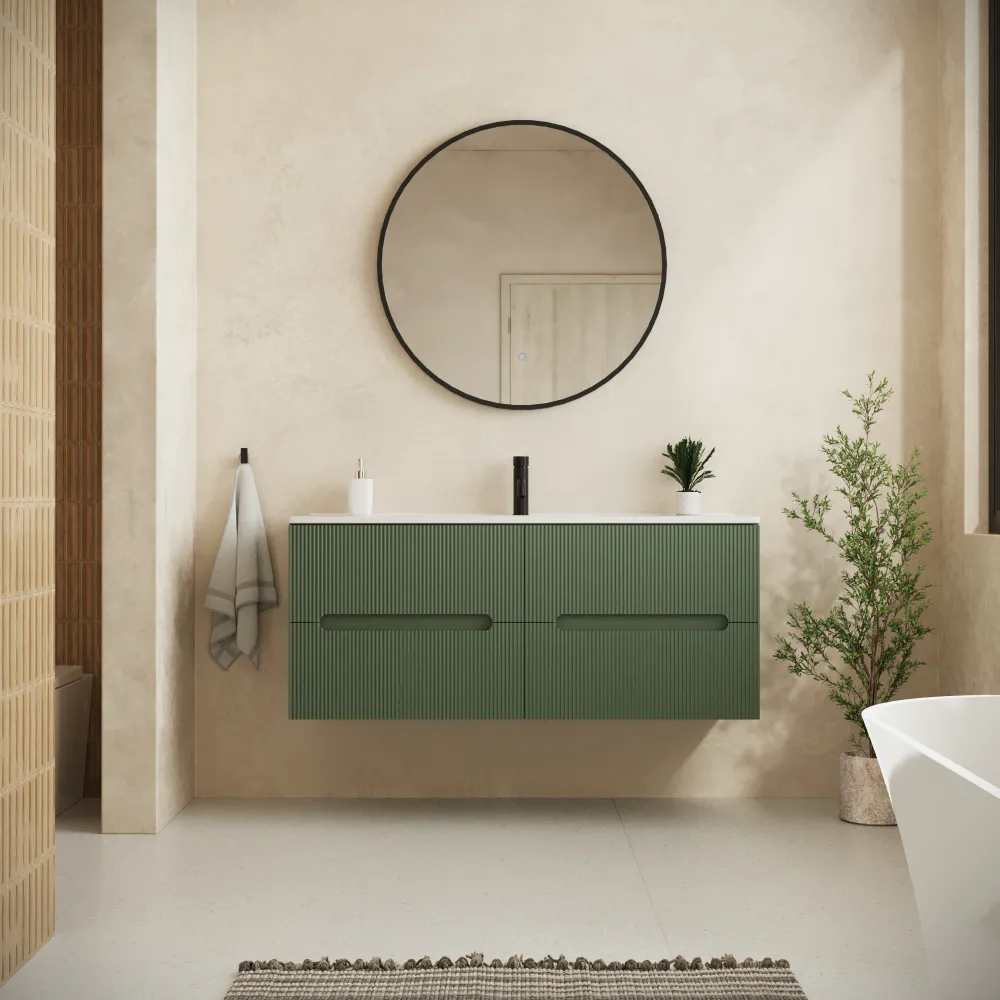 Mobile bagno sospeso 120cm quattro cassetti verde foresta cannettato con lavabo | Tigua