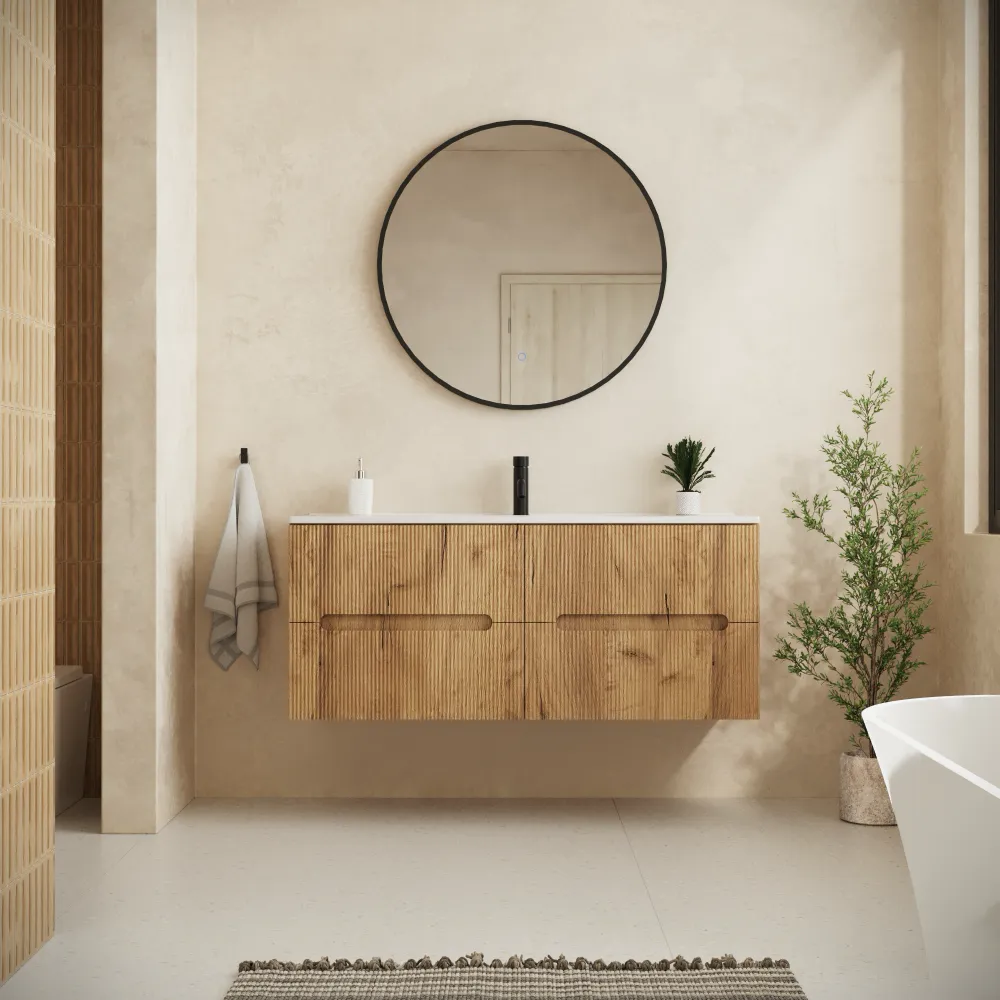 Mobile bagno sospeso 120cm quattro cassetti rovere chiaro cannettato con lavabo | Tigua