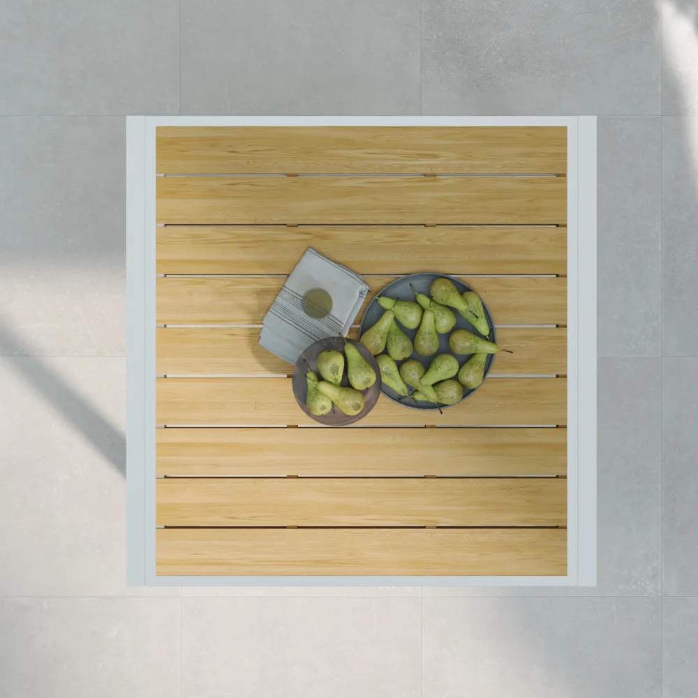 Tavolo da esterno rettangolare in alluminio bianco allungabile 90/180x90x74cm con top a doghe in polywood effetto legno| Camir Tavolo da esterno rettangolare in alluminio bianco allungabile 90/180x90x74cm con top a doghe in polywood effetto legno| Camir