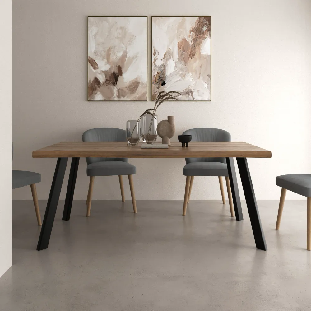 Tavolo rettangolare 180x90cm top in MDF 50mm rovere scuro e gambe in acciaio nero | Finn