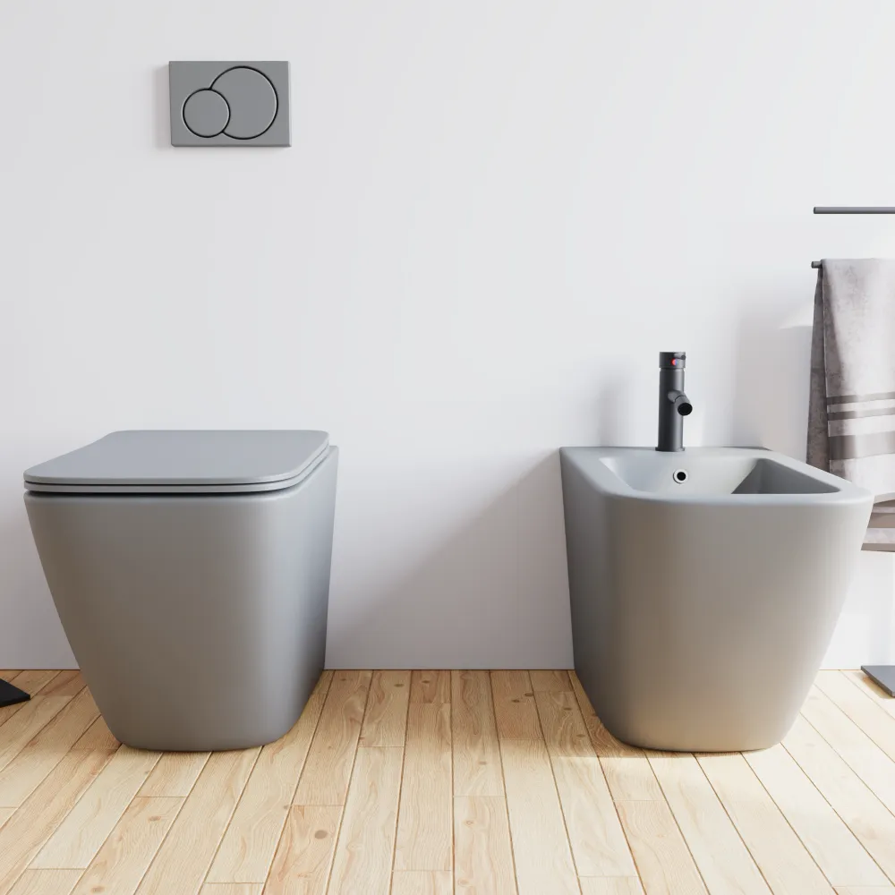 Sanitari filomuro in ceramica grigio opaco vaso rimless sedile soft-close e bidet | Venezia