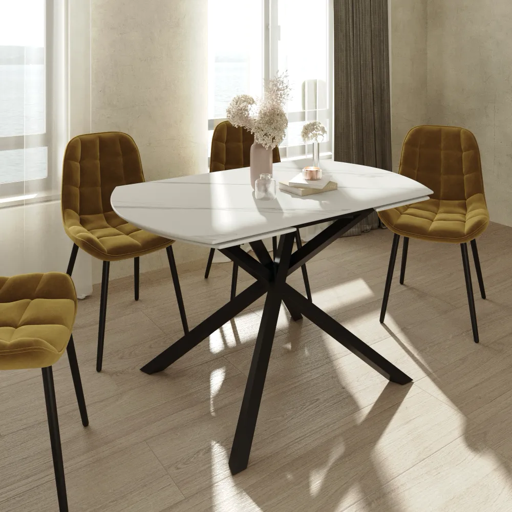 Tavolo girevole 130-190x80cm top in ceramica effetto marmo e gambe incrociate in acciaio nero | Sten Tavolo girevole 130-190x80cm top in ceramica effetto marmo e gambe incrociate in acciaio nero | Sten