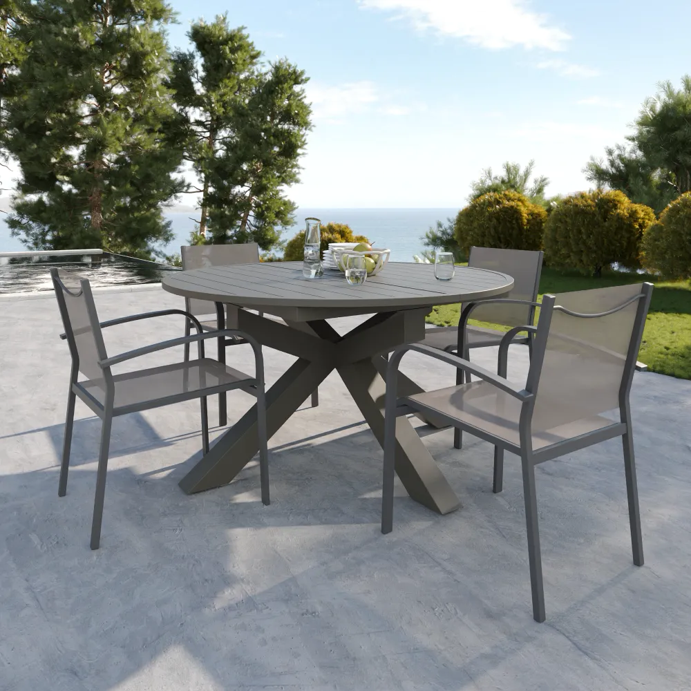 Set da esterno tortora con tavolo ovale allungabile 145/199x75cm e 4 sedie in alluminio e textilene con braccioli tondi | Juma