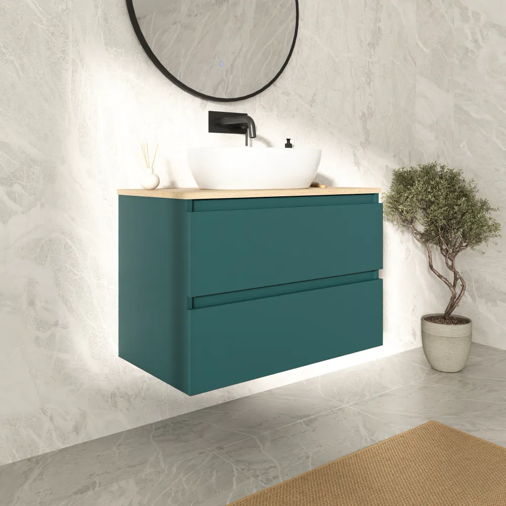 Mobile bagno sospeso 60cm due cassetti petrol con top rovere chiaro | Hexa Mobile bagno sospeso 60cm due cassetti petrol con top rovere chiaro | Hexa