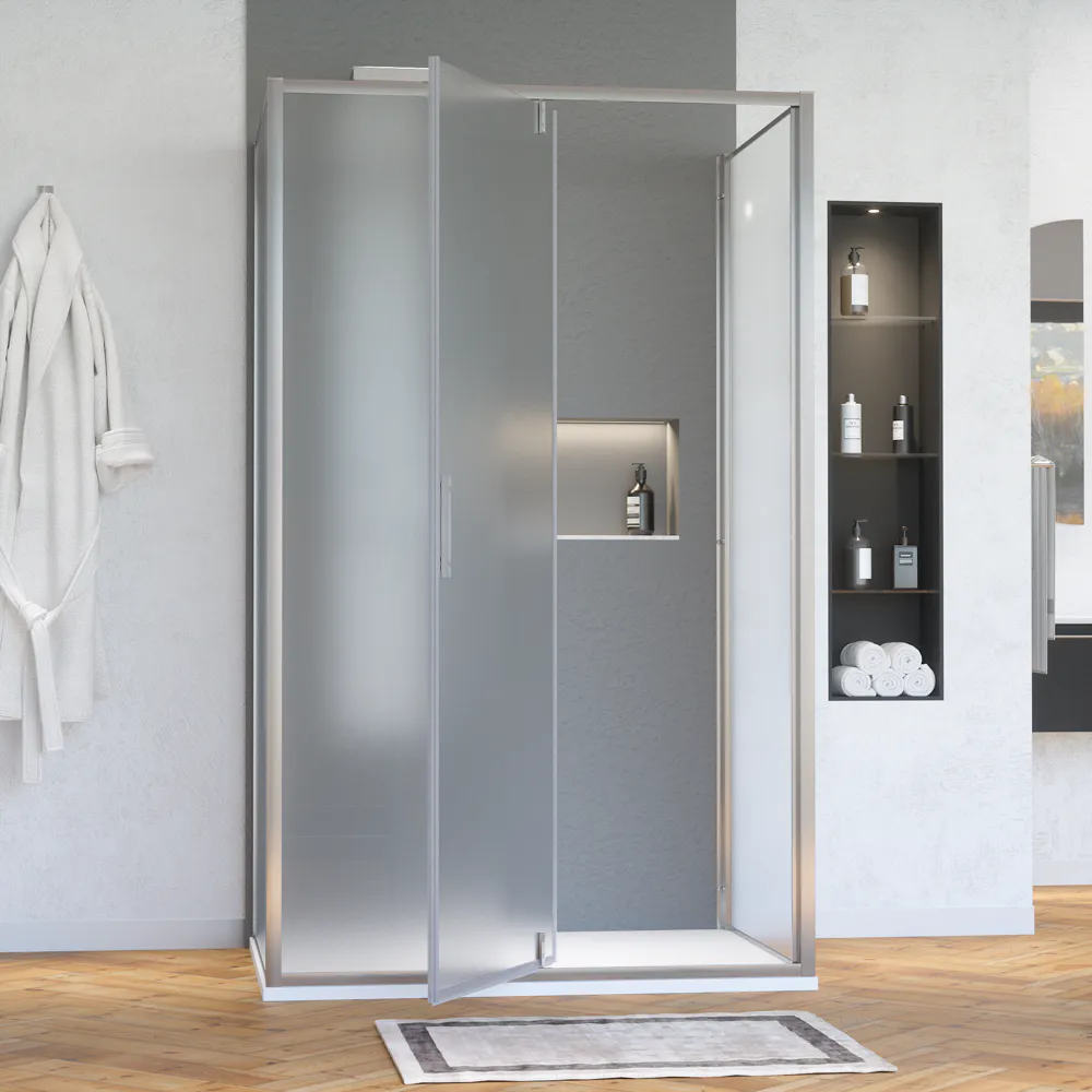 Box doccia cromato 3 lati 70x120x70cm porta battente con cernire e due pareti fisse vetro 6mm anticalcare opaco h190 | Lerici