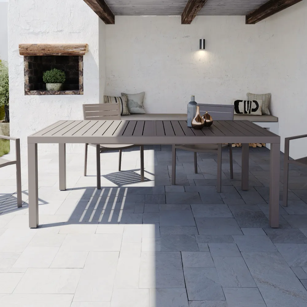 Tavolo da esterno rettangolare in alluminio tortora allungabile 200/300x100x75cm con top a doghe | Marel Tavolo da esterno rettangolare in alluminio tortora allungabile 200/300x100x75cm con top a doghe | Marel