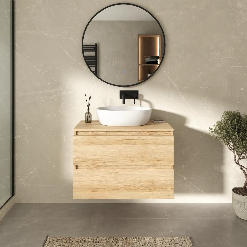 Mobile bagno sospeso 60cm due cassetti rovere chiaro stone oak con top | Hexa Mobile bagno sospeso 60cm due cassetti rovere chiaro stone oak con top | Hexa