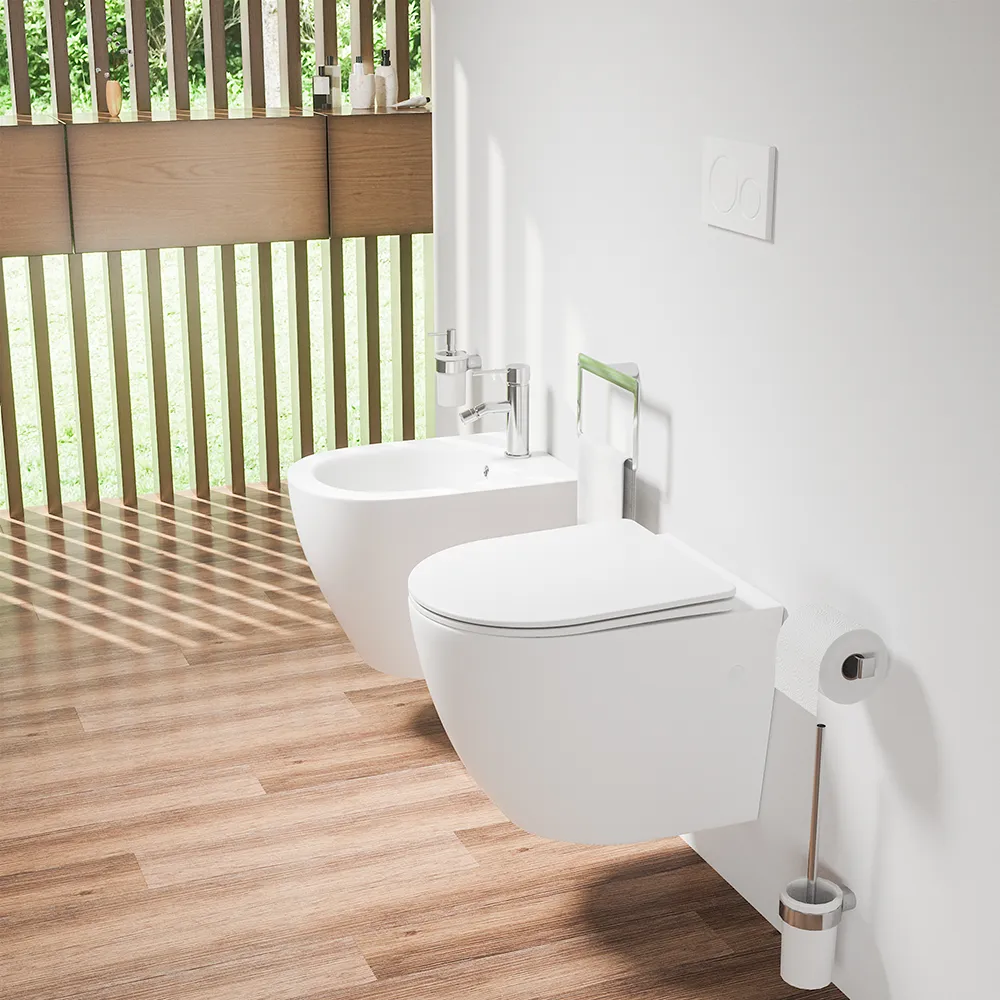 Coppia di sanitari sospesi in ceramica bianco opaco vaso rimless con copriwc soft-close e bidet | Europa Small Coppia di sanitari sospesi in ceramica bianco opaco vaso rimless con copriwc soft-close e bidet | Europa Small