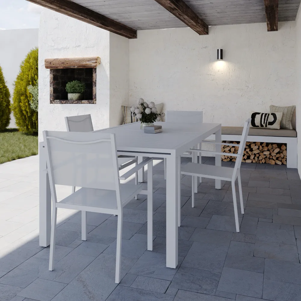 Set da esterno bianco con tavolo allungabile 200/300x75cm e 4 sedie in alluminio e textilene con braccioli squadrati | Marel