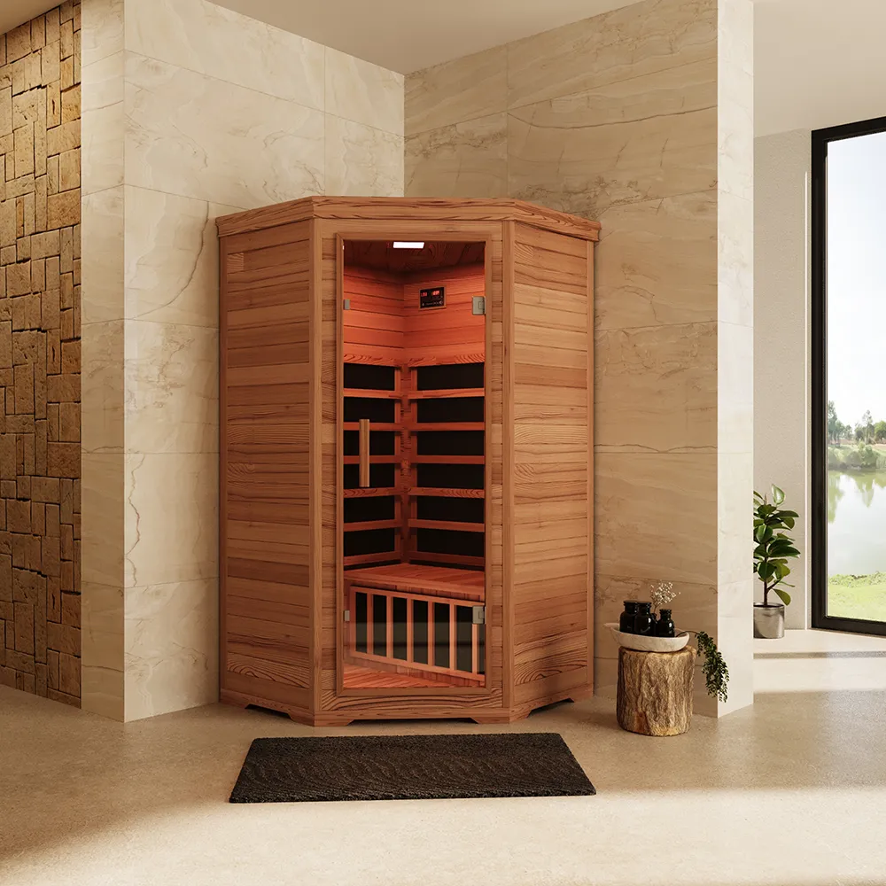 Sauna angolare infrarossi 108x108 cm H 195 2 posti in legno di cedro con radio integrata | Turku Sauna angolare infrarossi 108x108 cm H 195 2 posti in legno di cedro con radio integrata | Turku