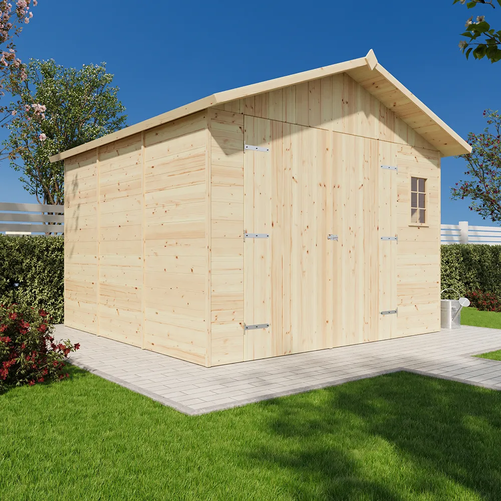 Casetta in legno 330x318 cm porta doppia e una finestra deposito per attrezzi con guaina ardesiata rossa - 8,52 metri quadri Casetta in legno 330x318 cm porta doppia e una finestra deposito per attrezzi con guaina ardesiata rossa - 8,52 metri quadri
