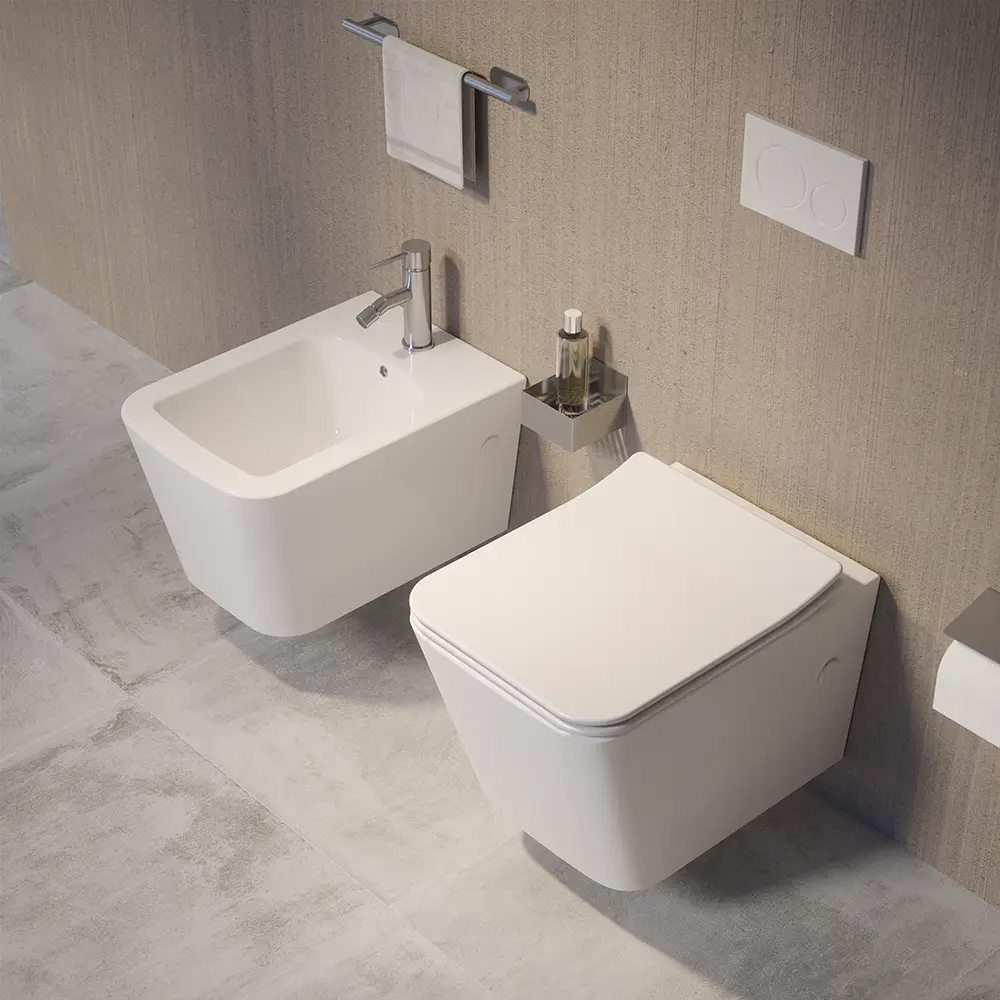 Coppia di sanitari sospesi in ceramica bianco lucido vaso rimless con copriwc soft-close e bidet | Londra Coppia di sanitari sospesi in ceramica bianco lucido vaso rimless con copriwc soft-close e bidet | Londra