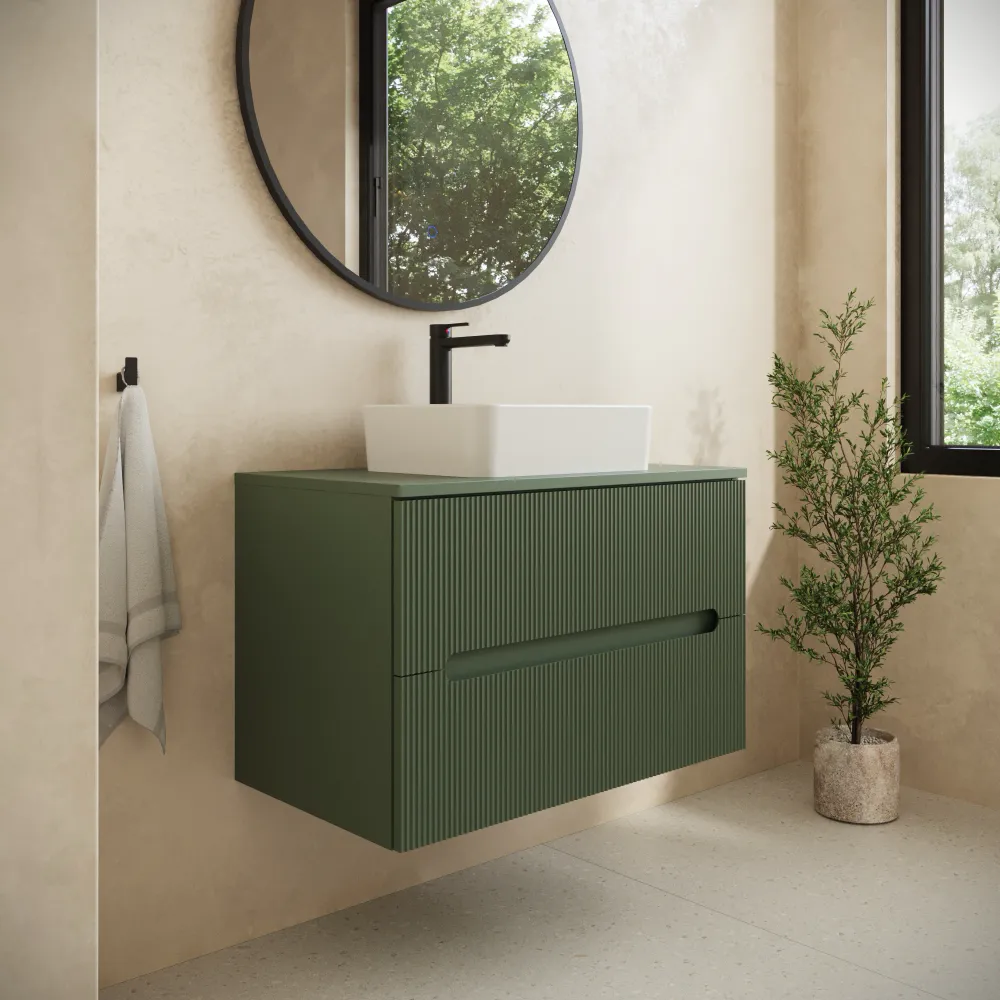 Mobile bagno sospeso 70cm due cassetti verde foresta cannettato con top | Tigua
