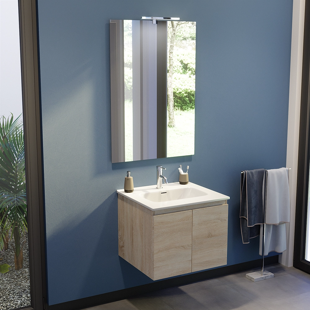 Mobile bagno sospeso 60 cm due ante rovere chiaro lavabo e specchio | Yili Mobile bagno sospeso 60 cm due ante rovere chiaro lavabo e specchio | Yili