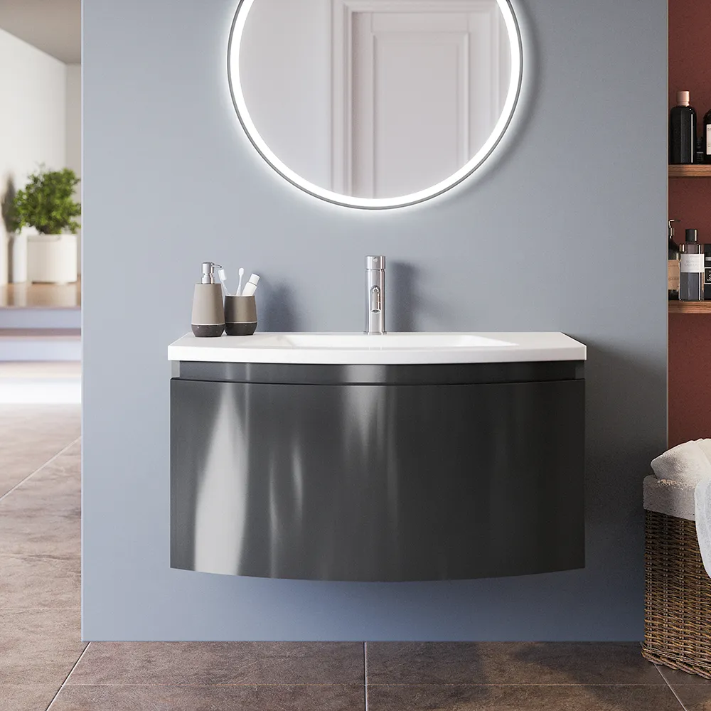 Mobile sospeso 60 cm grigio lucido con un cassetto e lavabo in ceramica, frontale curvo | Lula Mobile sospeso 60 cm grigio lucido con un cassetto e lavabo in ceramica, frontale curvo | Lula
