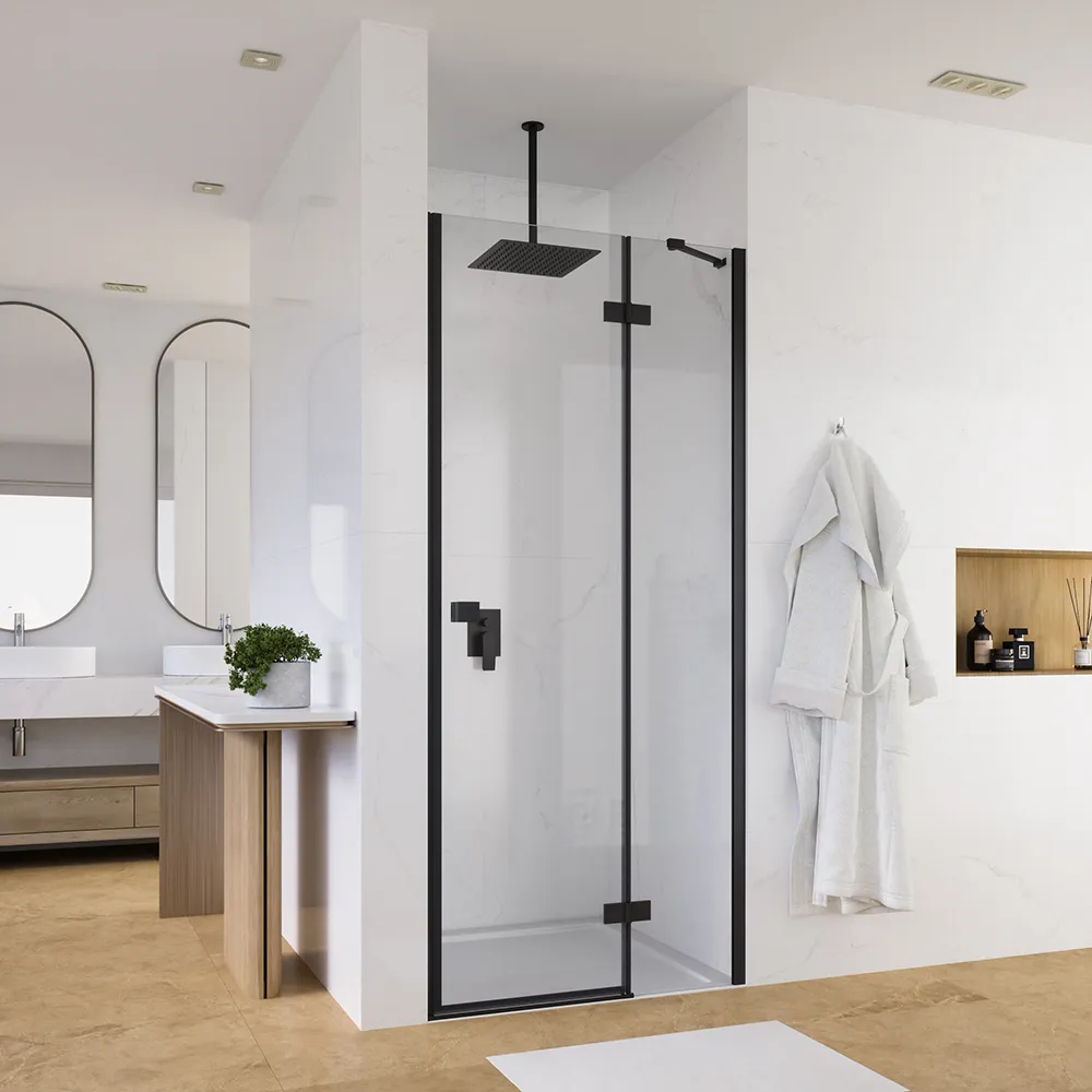 Porta doccia 90cm apertura a battente lato destro con cerniere, profili nero opaco e vetro da 8mm trasparente h195 | Fiji Porta doccia 90cm apertura a battente lato destro con cerniere, profili nero opaco e vetro da 8mm trasparente h195 | Fiji