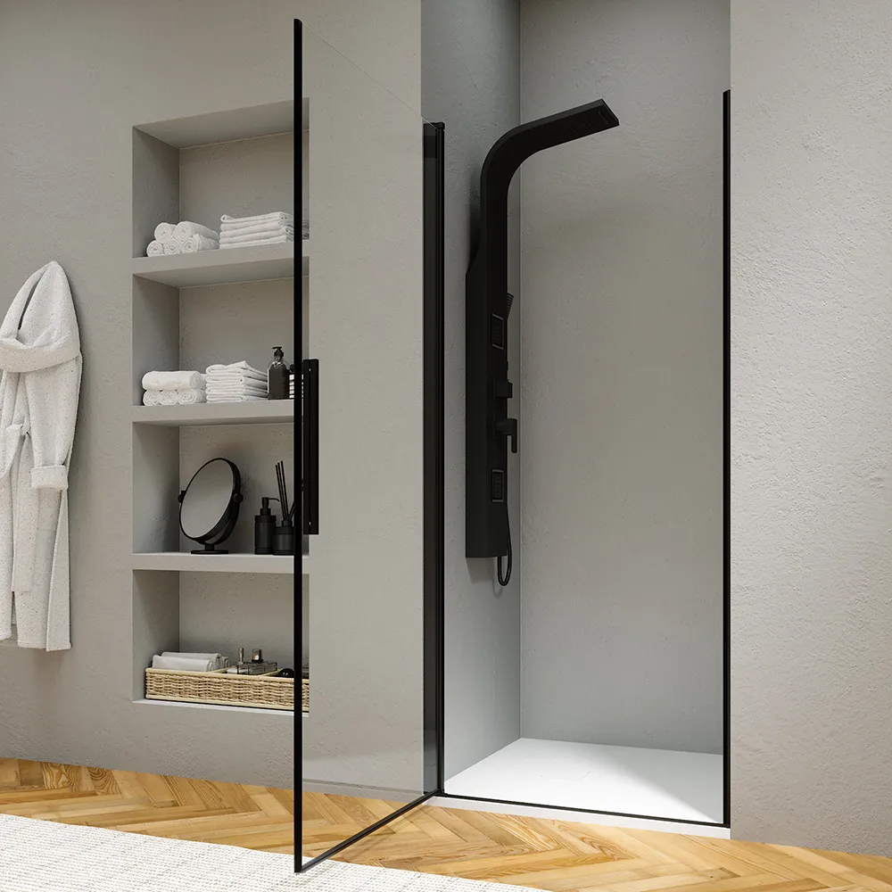 Porta doccia 80cm apertura a battente con profili nero opaco e vetro da 6mm trasparente h195 | Elba Porta doccia 80cm apertura a battente con profili nero opaco e vetro da 6mm trasparente h195 | Elba