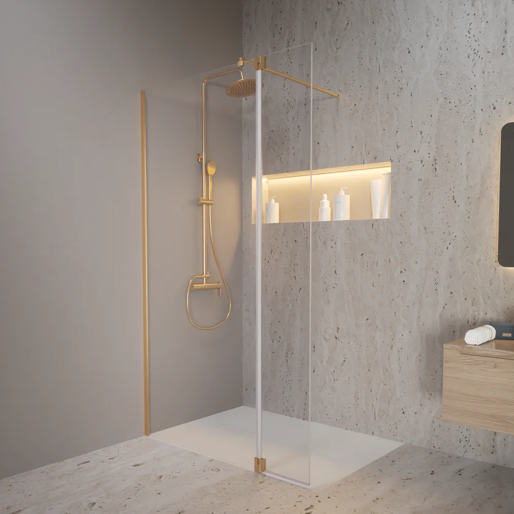 Doccia walk-in 60cm + anta girevole 30cm vetro 8mm trasparente anticalcare profili oro spazzolato h200 | Keros