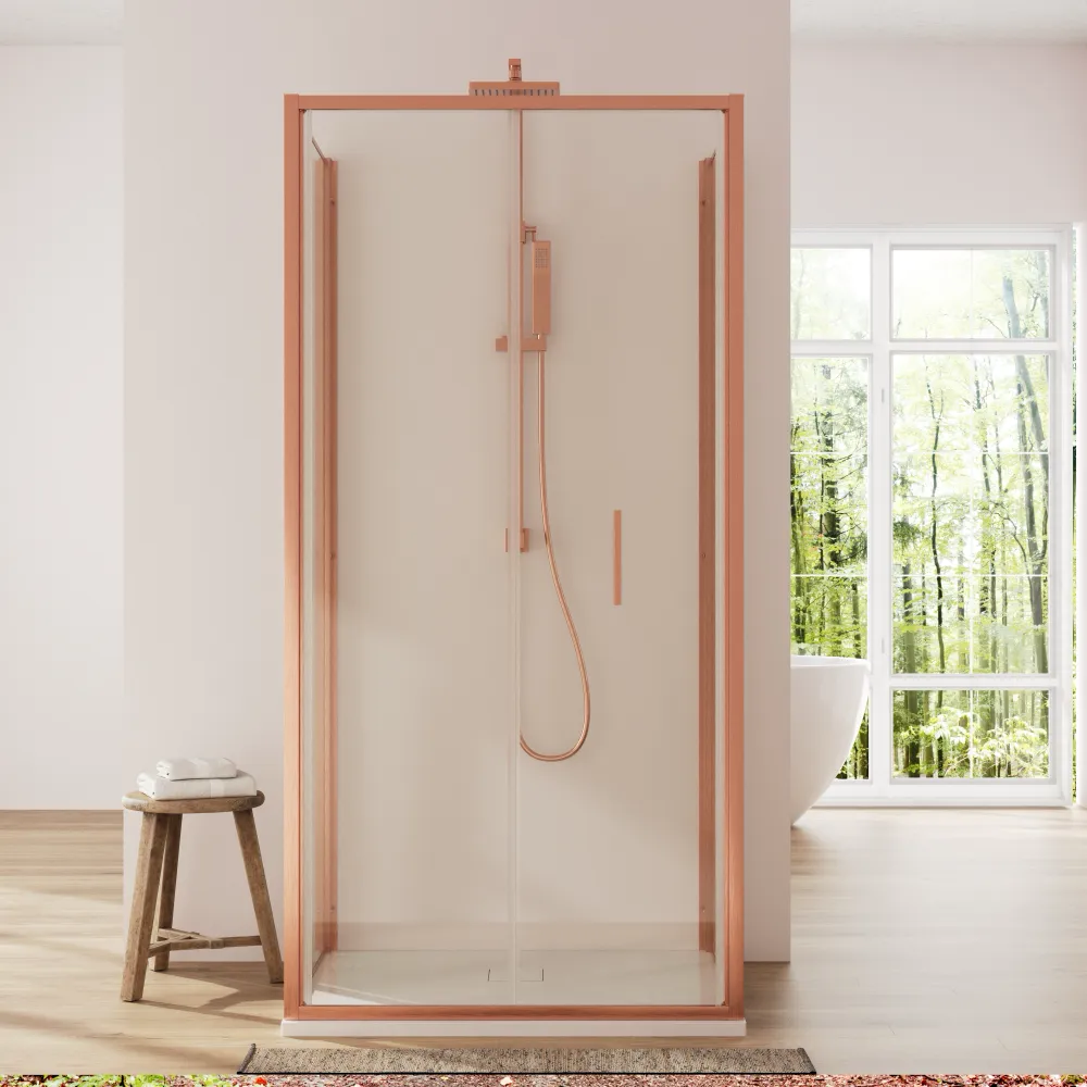 Box doccia 3 lati 70x75x70cm con porta a libro profili rame spazzolato vetro 6mm trasparente anticalcare h190| Portofino Box doccia 3 lati 70x75x70cm con porta a libro profili rame spazzolato vetro 6mm trasparente anticalcare h190| Portofino