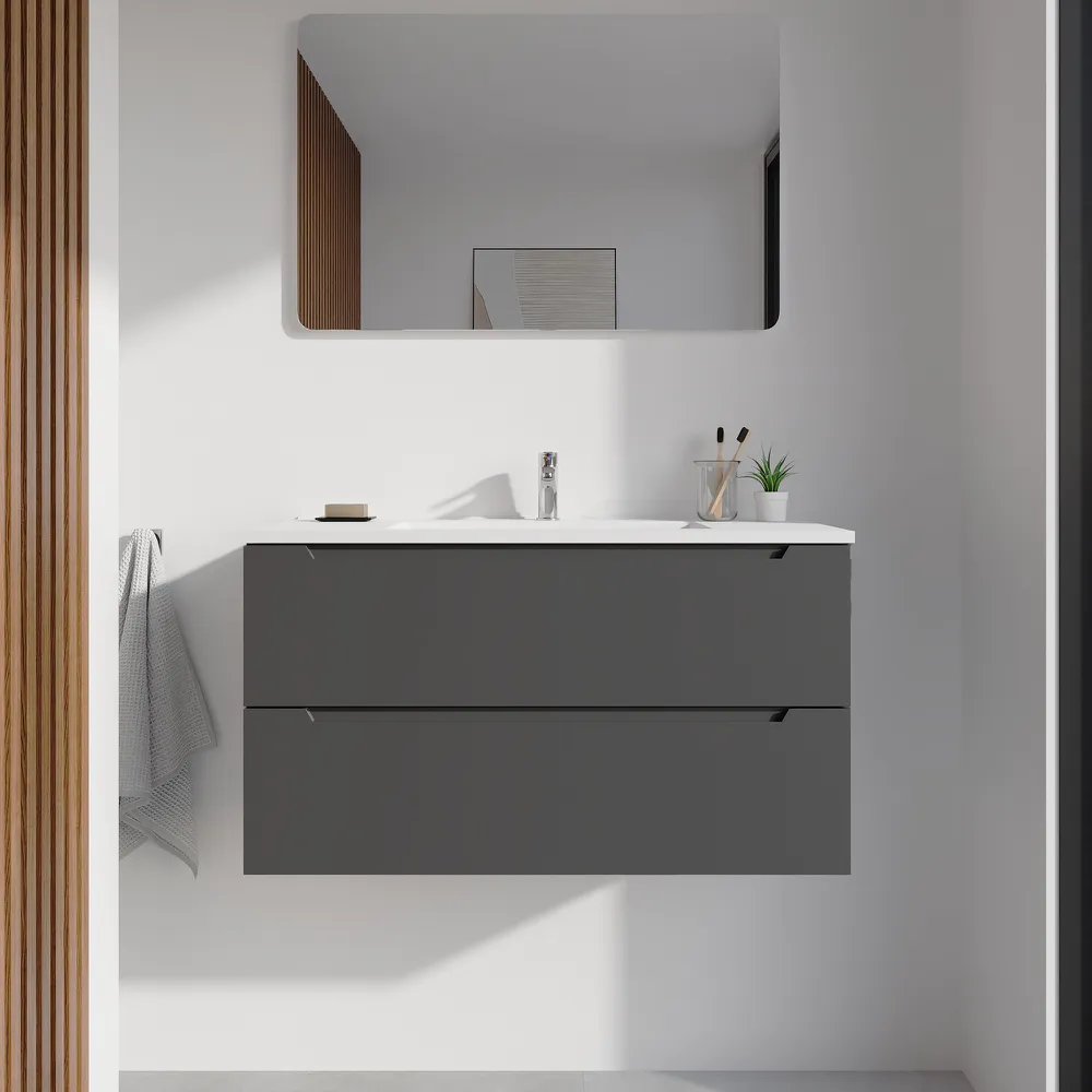 Mobile bagno sospeso 90cm grigio opaco due cassetti soft-close con lavabo bianco opaco | Bako Mobile bagno sospeso 90cm grigio opaco due cassetti soft-close con lavabo bianco opaco | Bako