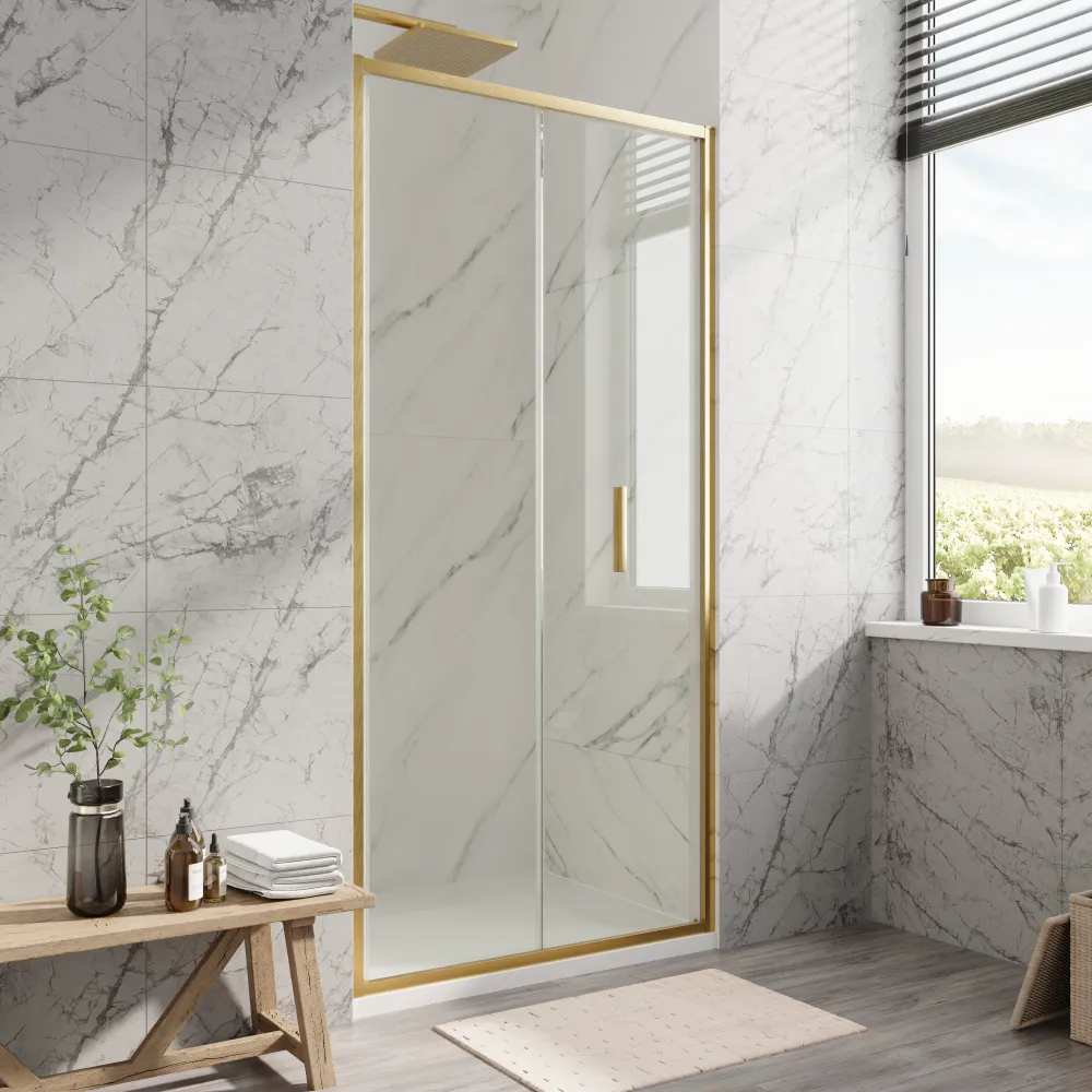Porta doccia 75cm con apertura a libro profili slim oro spazzolato vetro 6mm trasparente anticalcare h190 | Portofino