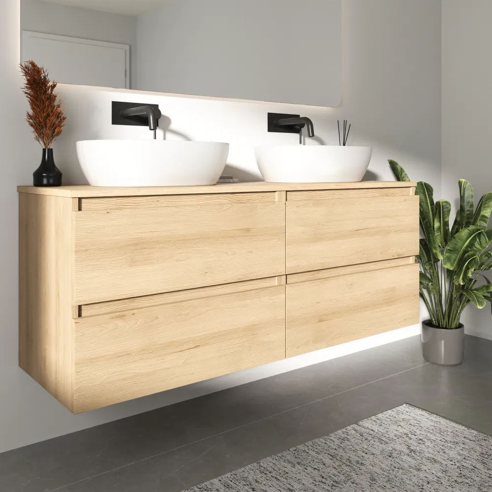 Mobile bagno sospeso 140cm due cassetti rovere chiaro stone oak con top | Hexa Mobile bagno sospeso 140cm due cassetti rovere chiaro stone oak con top | Hexa