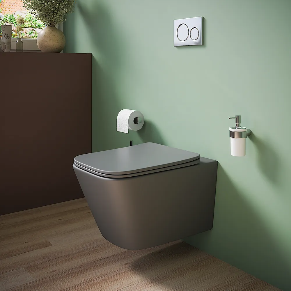 Vaso sospeso rimless in ceramica grigio opaco con sedile soft-close | Kyoto Vaso sospeso rimless in ceramica grigio opaco con sedile soft-close | Kyoto