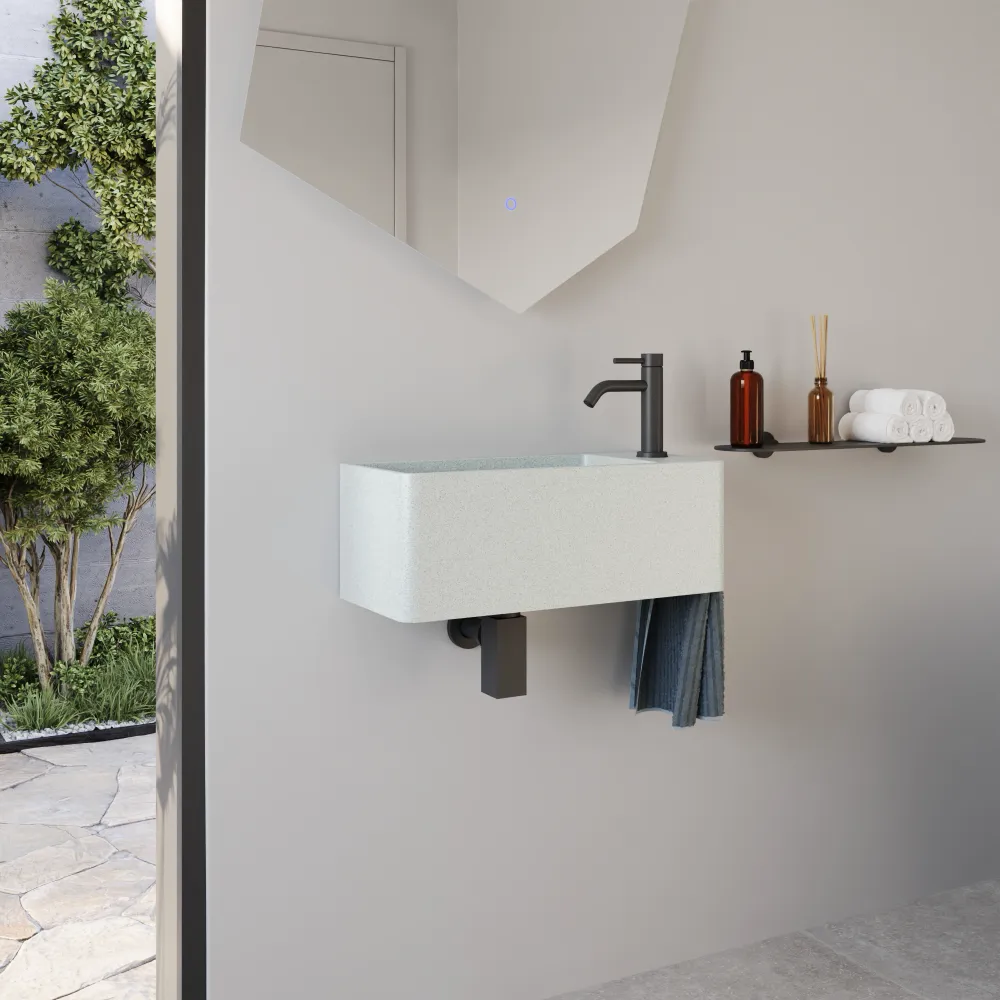 Lavabo sospeso a muro rettangolare in microcemento 55x23x20 cm bianco foro a destra | Kanas