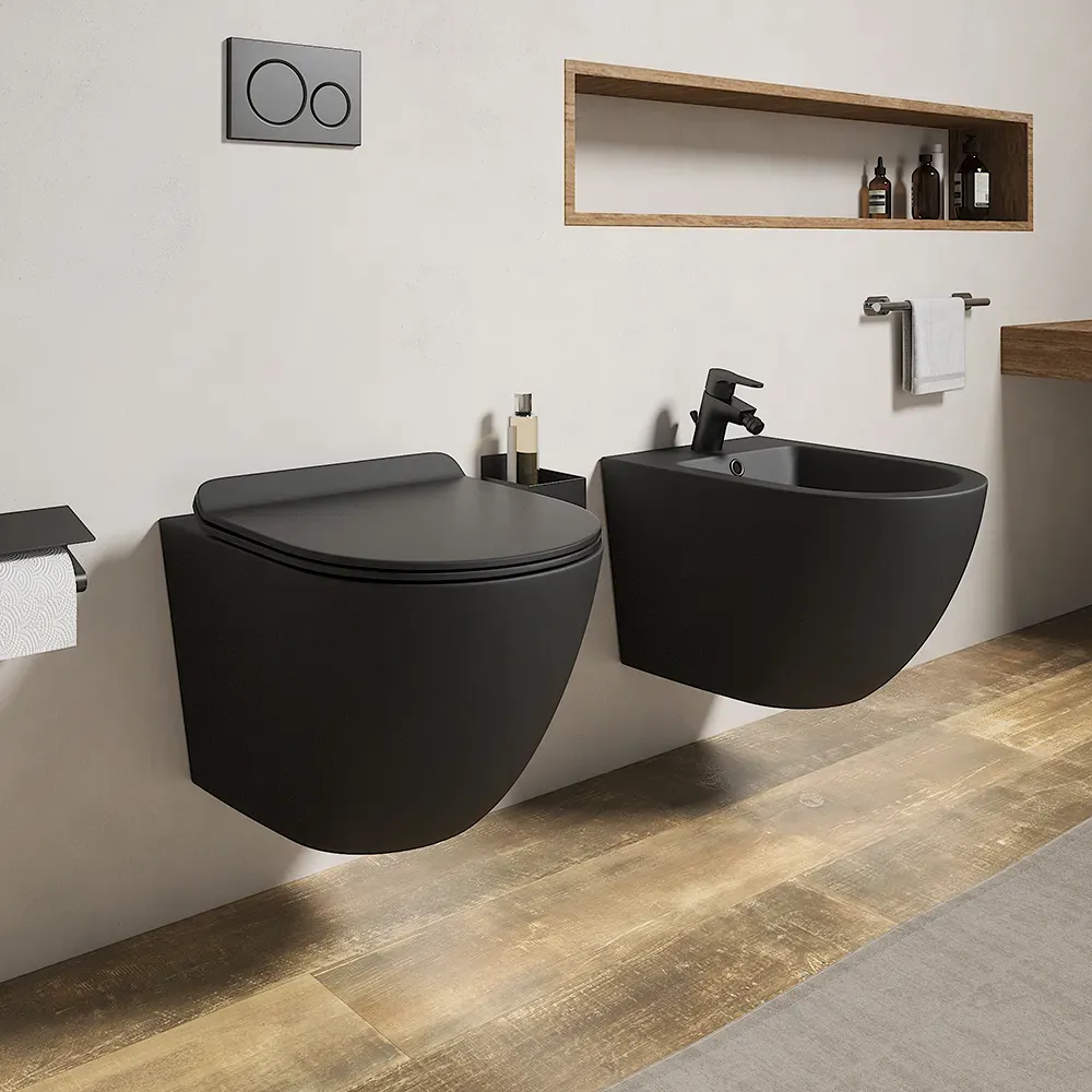 Sanitari sospesi in ceramica nero opaco rimless sedile con chiusura rallentata | Parigi Sanitari sospesi in ceramica nero opaco rimless sedile con chiusura rallentata | Parigi