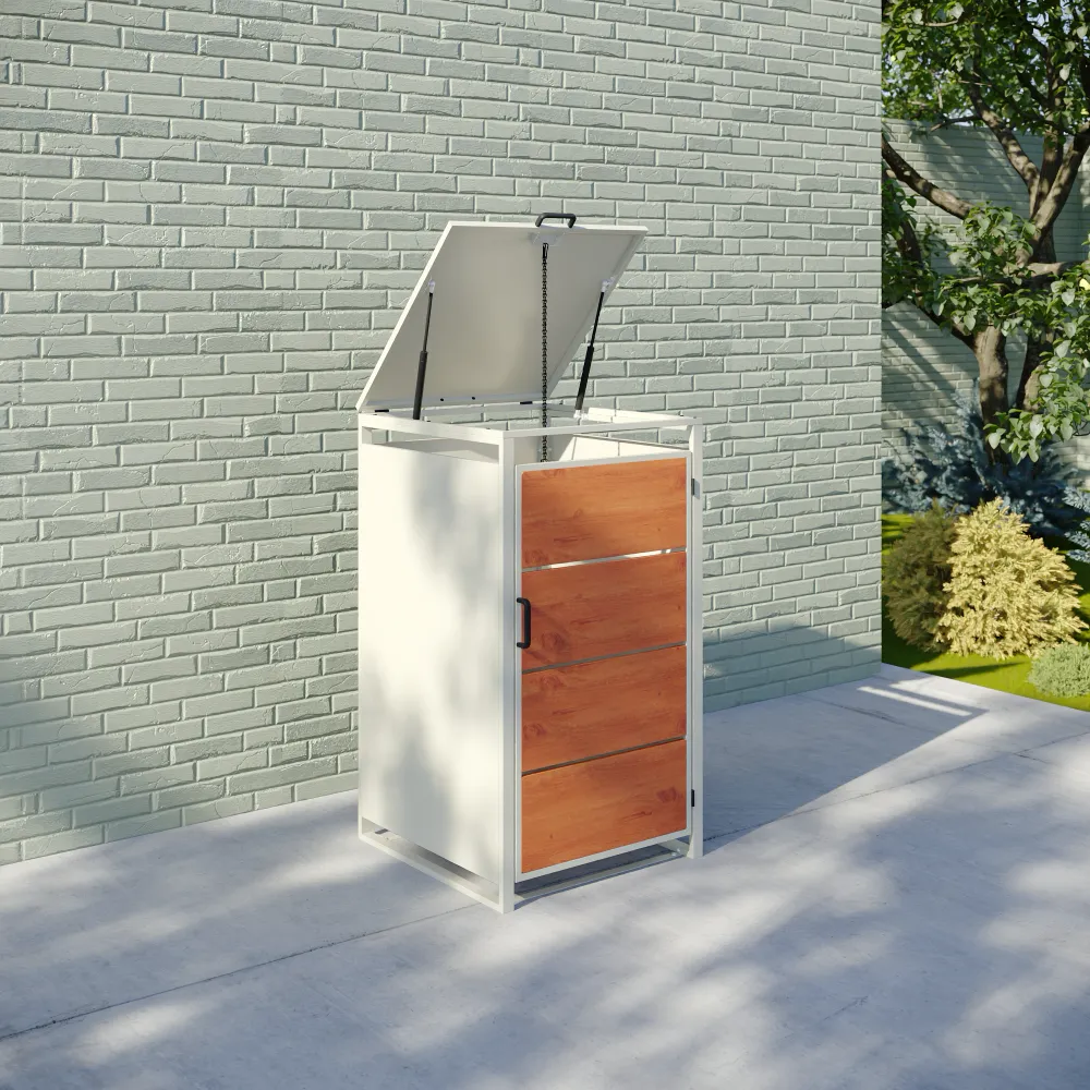 Copri bidoni 1 cassonetto 120L 58x60x105cm in acciaio zincato profili bianchi con pannelli effetto legno | Kubo Copri bidoni 1 cassonetto 120L 58x60x105cm in acciaio zincato profili bianchi con pannelli effetto legno | Kubo