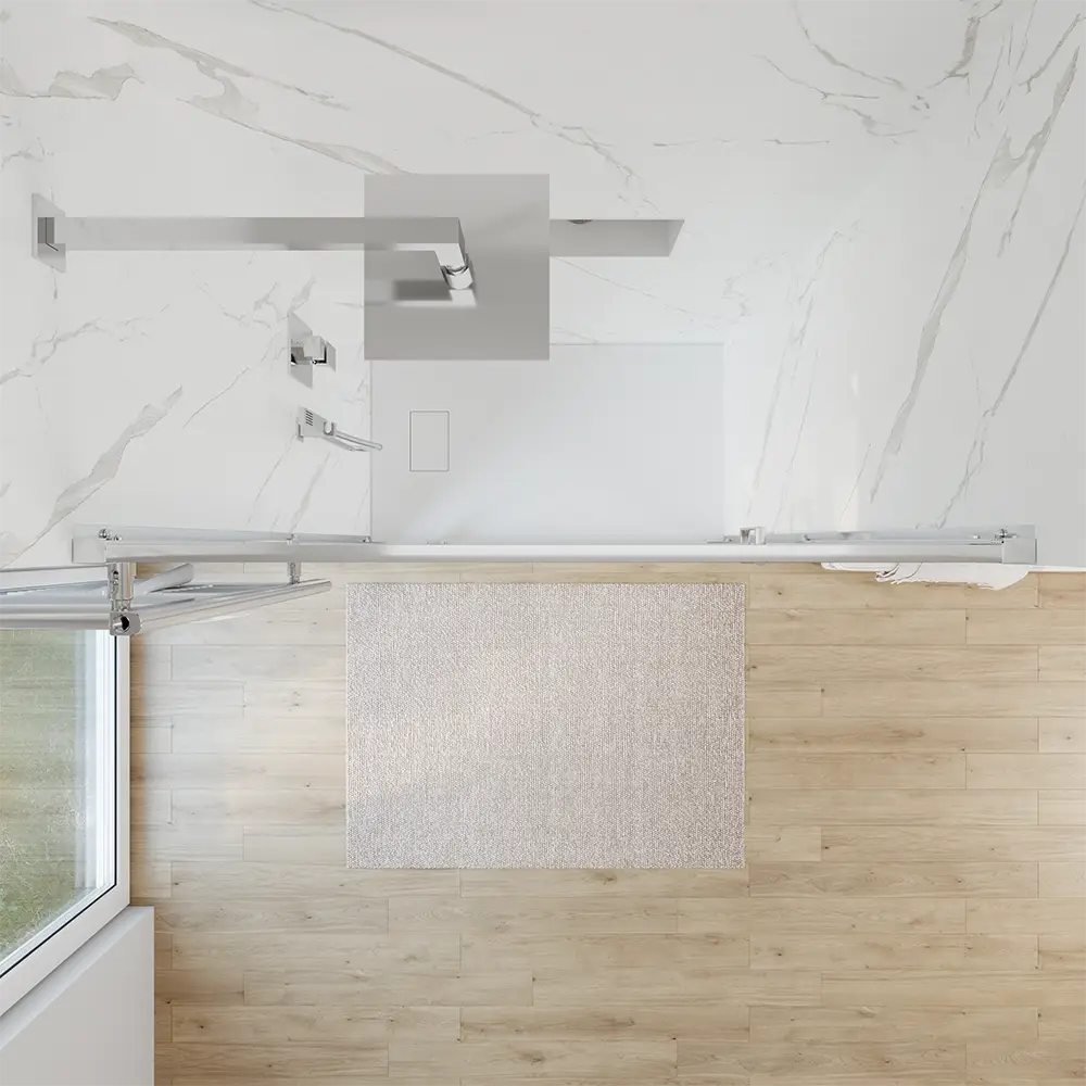 Vista superiore box doccia per nicchia mod. Apulia con apertura a battente e vetro temperato 6mm opaco Vista superiore box doccia per nicchia mod. Apulia con apertura a battente e vetro temperato 6mm opaco