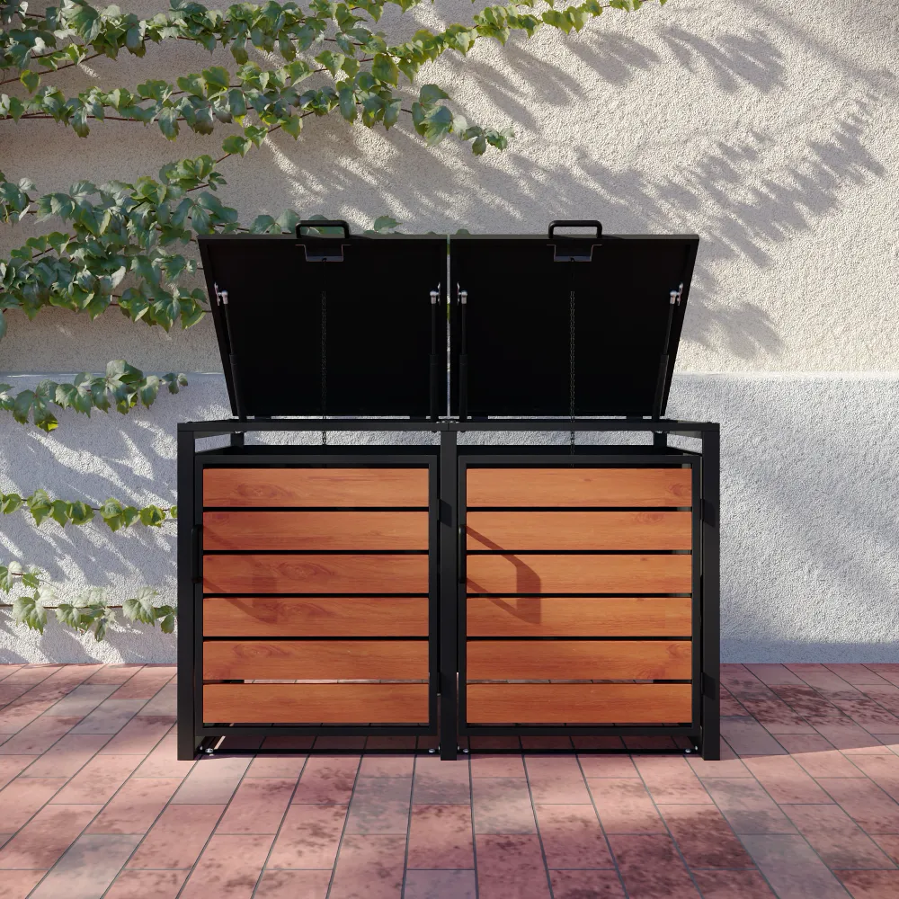 Copri bidoni 2 cassonetti 60L 100x50x64cm in acciaio zincato profili neri con pannelli effetto legno | Kubo Copri bidoni 2 cassonetti 60L 100x50x64cm in acciaio zincato profili neri con pannelli effetto legno | Kubo