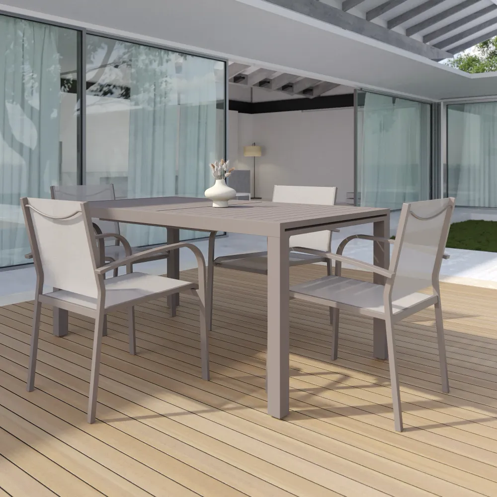 Set da esterno tortora con tavolo allungabile 160/240x75cm e 4 sedie in alluminio e textilene con braccioli tondi | Marel