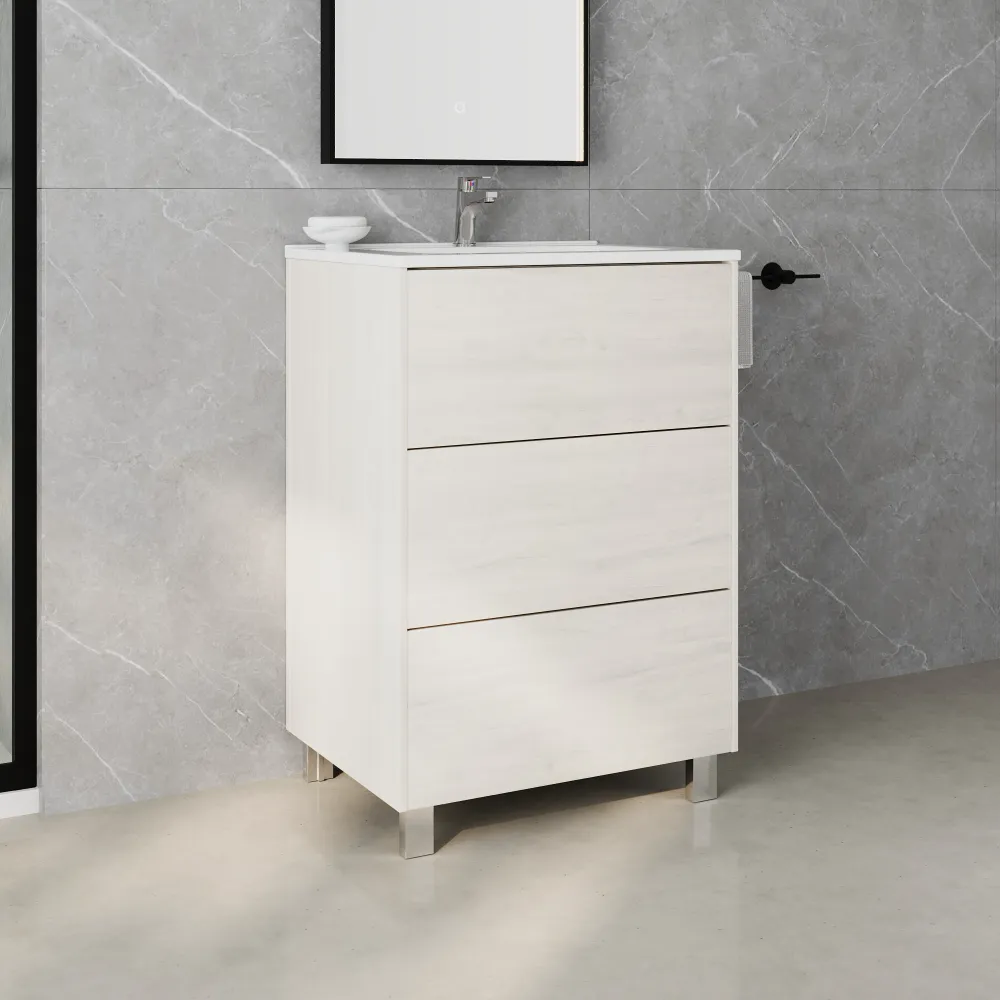 Mobile bagno a terra 70cm tre cassetti push&pull frassino con lavabo bianco lucido | Yaku Mobile bagno a terra 70cm tre cassetti push&pull frassino con lavabo bianco lucido | Yaku