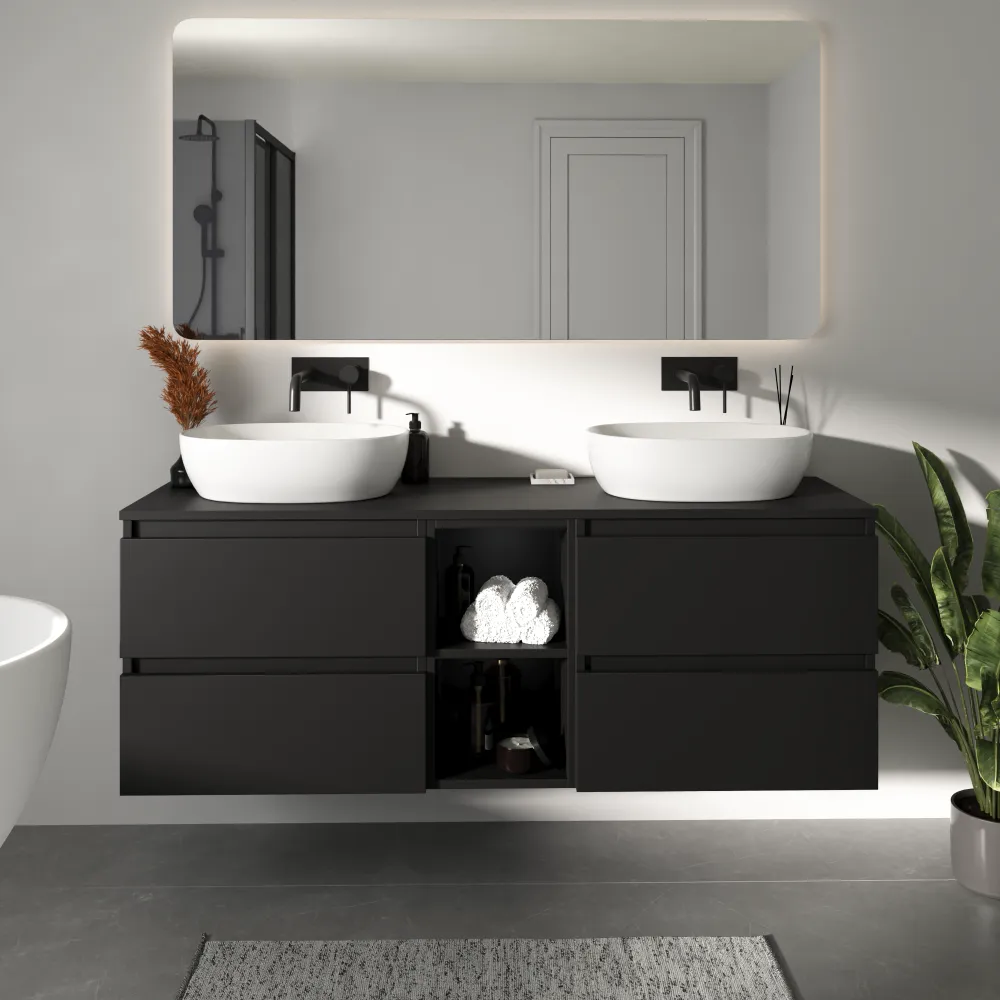 Mobile bagno sospeso 150cm quattro cassetti nero opaco con top e vano a giorno | Hexa