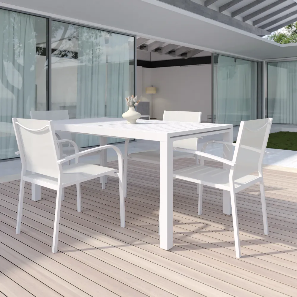Set da esterno bianco con tavolo allungabile 160/240x75cm e 4 sedie in alluminio e textilene con braccioli tondi | Marel