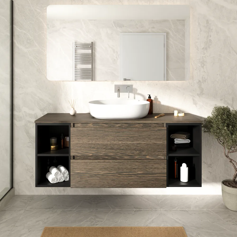 Mobile bagno sospeso 120cm due cassetti con top rovere scuro vintage wenge e due vani a giorno nero opaco | Hexa Mobile bagno sospeso 120cm due cassetti con top rovere scuro vintage wenge e due vani a giorno nero opaco | Hexa