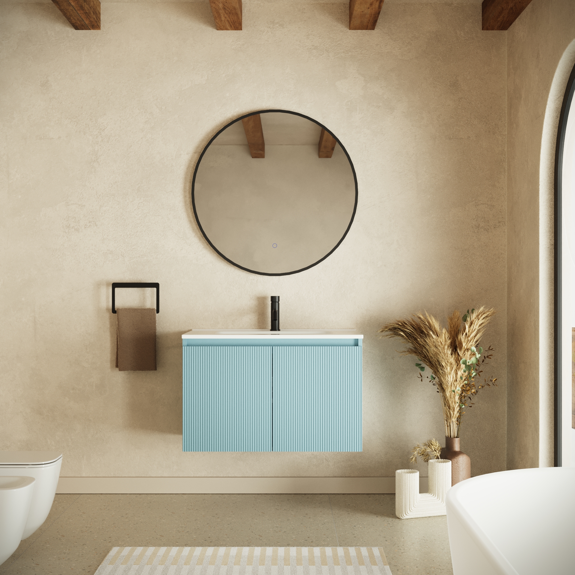 Mobile bagno sospeso 80cm due ante carta da zucchero cannettato con lavabo | Pelion