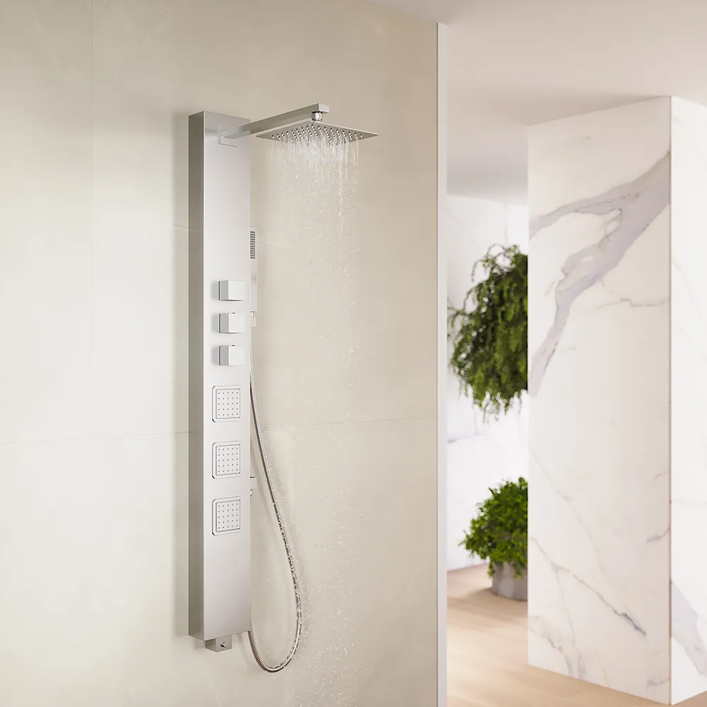 Pannello doccia termostatico in acciaio cromato con doccino, 3 funzioni | Marmore Pannello doccia termostatico in acciaio cromato con doccino, 3 funzioni | Marmore