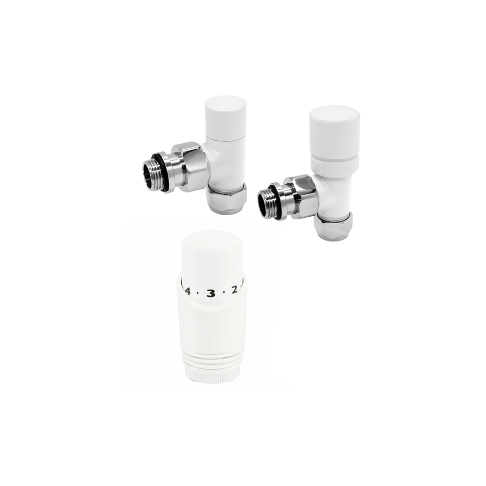 Kit valvole con detentore, raccordi per multistrato 16x2 e testa termostatica bianco Kit valvole con detentore, raccordi per multistrato 16x2 e testa termostatica bianco